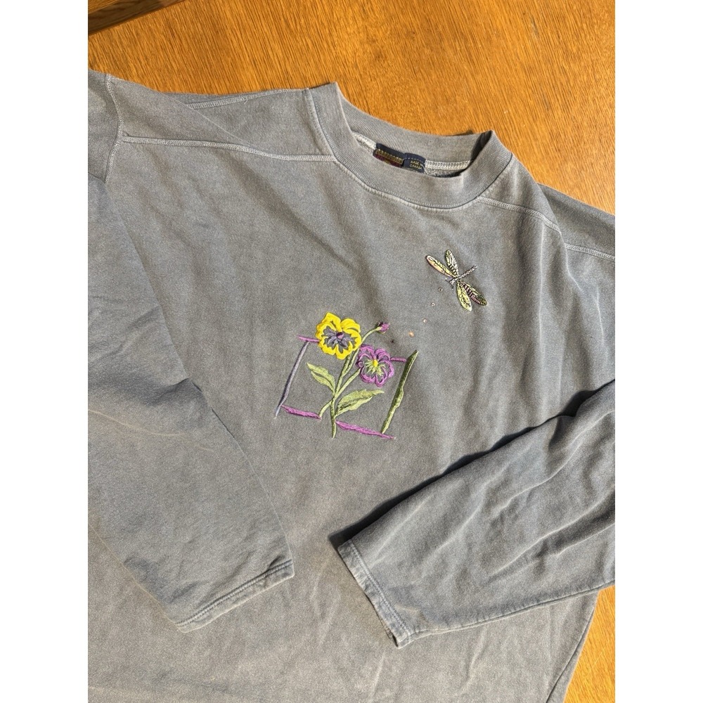 Vintage‎ Flash Fashions Sweatshirt XXL Gray Embroidered Pansy Dragonfly Canada
